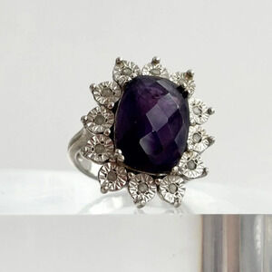 Amethyst Gemstone Faceted Domed Sterling Silver Oval Cut Cocktail Ring - sz 6